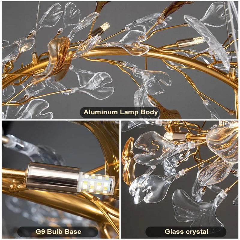 Afralia™ Round Glass Leaf Crystal Branch Chandelier for Bedroom, Living Room, Dining Room