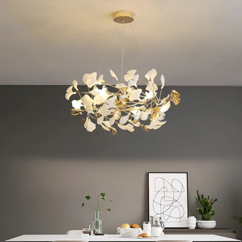 Afralia™ Ceramic Ginkgo Branch Chandelier LED Pendant for Luxurious Dining and Study Room