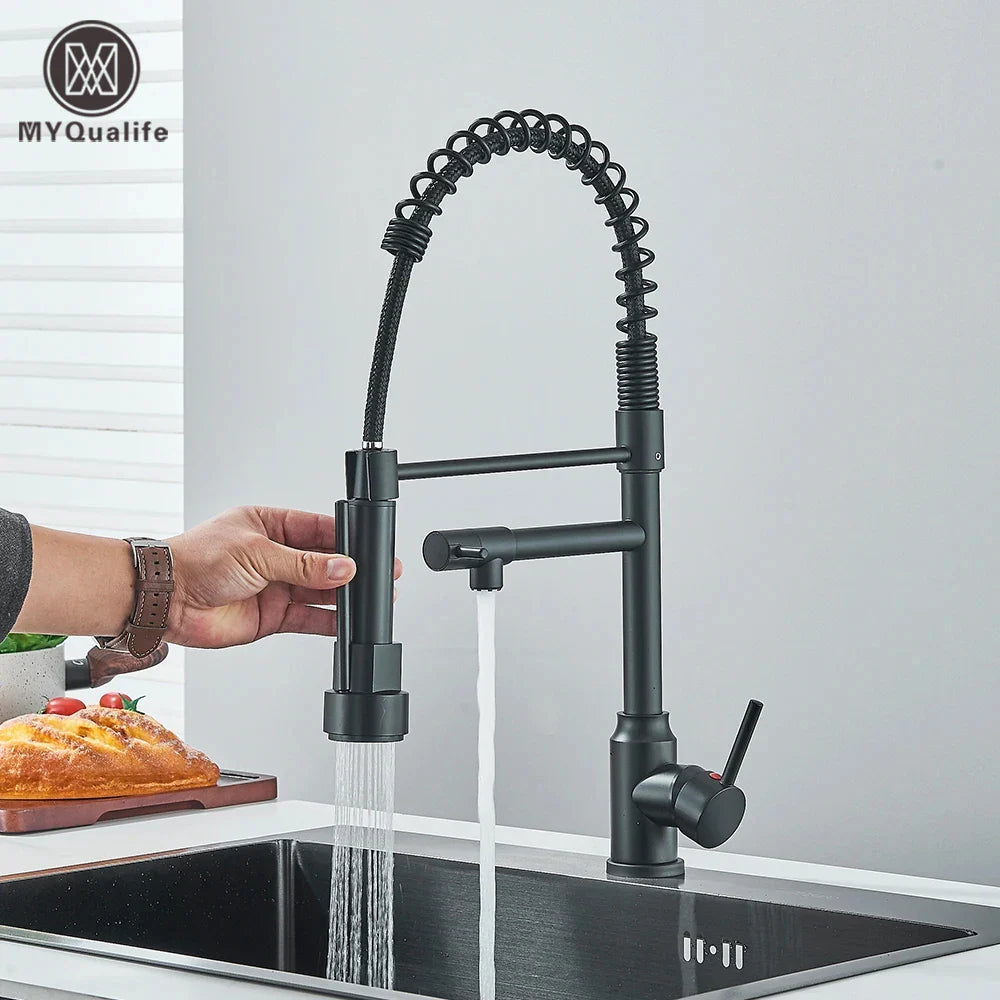 Afralia™ Brass Kitchen Sink Faucet Pull Down Mixer Tap with Dual Spout Rotation