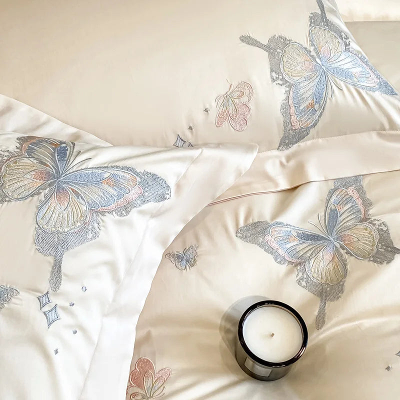 Afralia™ Butterfly Embroidery 800TC Egyptian Cotton Bedding Set - Quilt Cover, Sheet, Pillowcases
