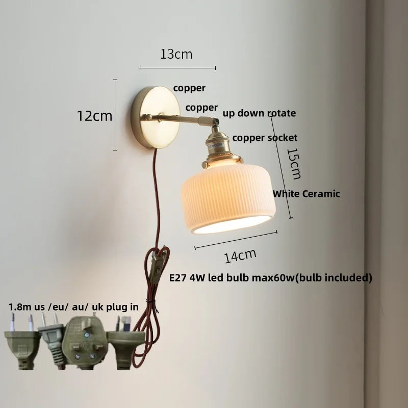 Afralia™ Ceramic Copper LED Wall Sconce Pull Chain Switch Reading Room Bedside Lamp