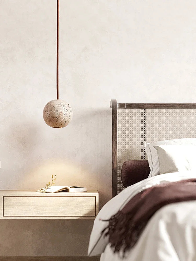 Afralia™ Small Round LED Pendant Stone Yellow Travertine Chandelier - Minimalism Hanging Line Lighting