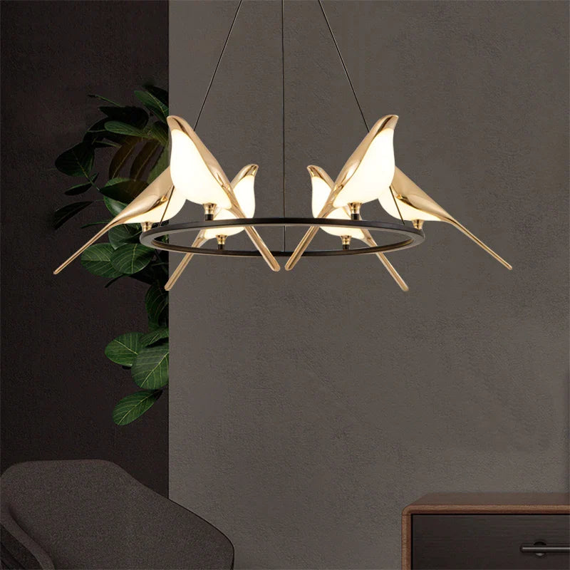 Afralia™ Modern Bird Living Room Chandelier LED Lighting 6-Light Creative Bedroom Pendant