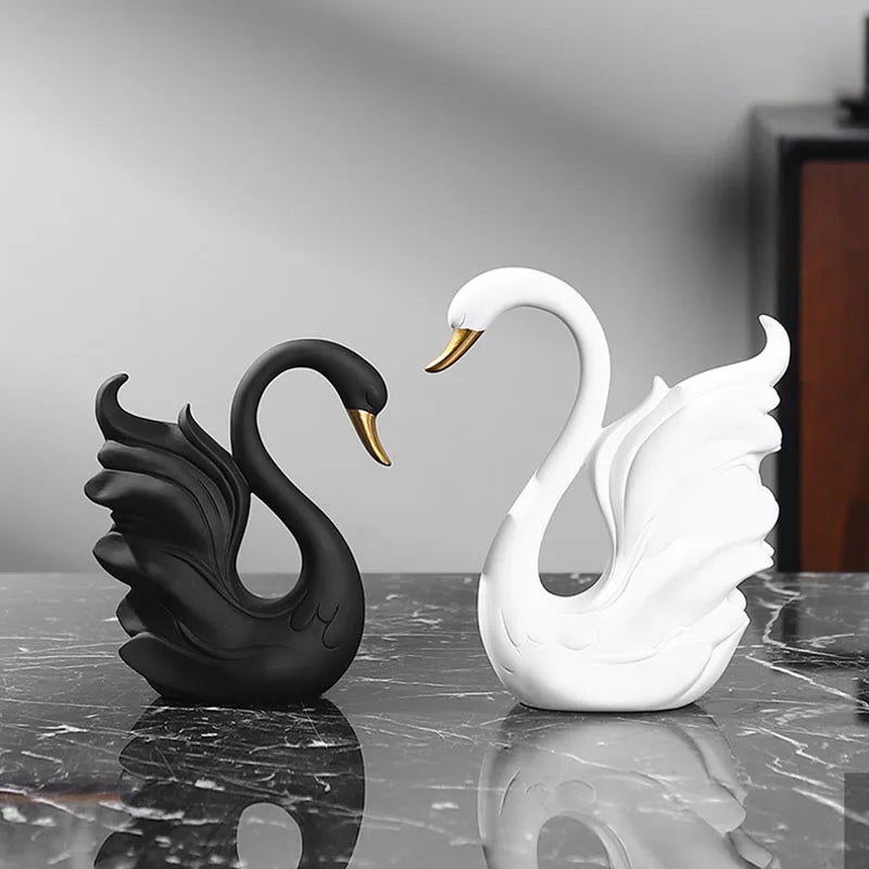 Afralia™ Swan Sculpture Set in Black & White Modern Decor Couple Statue Gift