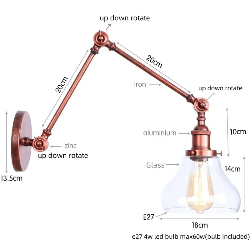 Afralia™ Vintage Loft LED Wall Light - Industrial Glass Iron Lamp