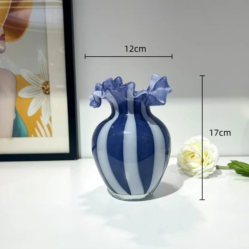 Afralia™ Striped Glass Vase Wavy Edge Flower Pot Terrarium Room Decoration