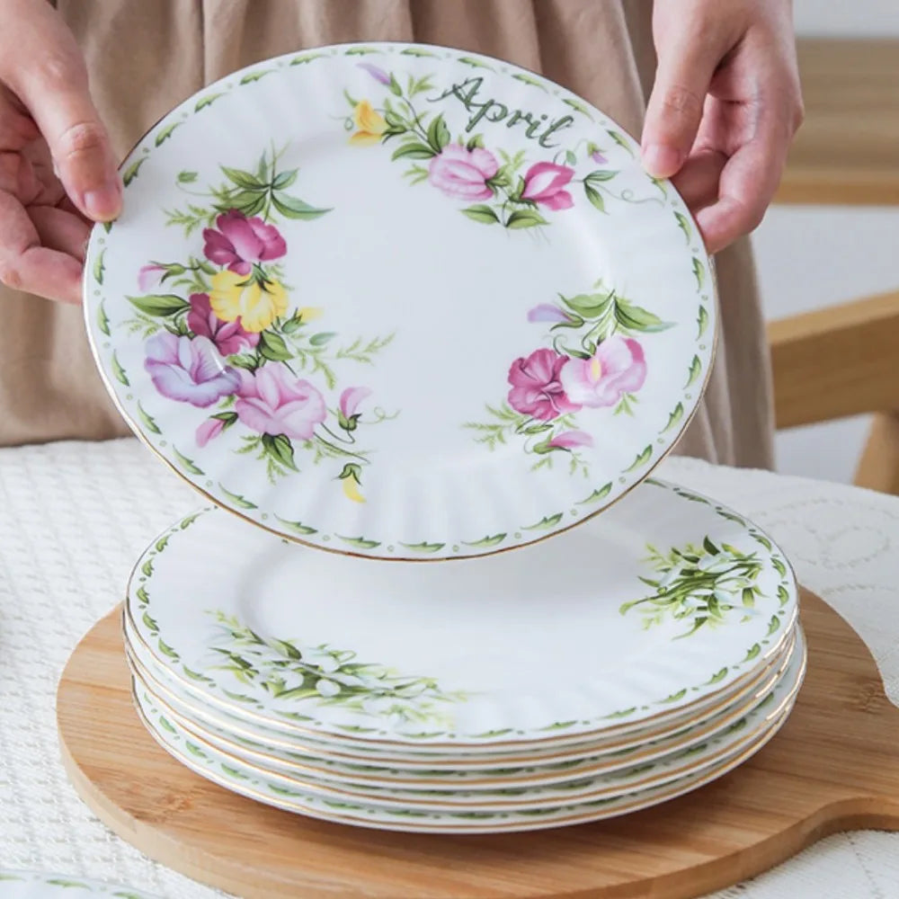 Afralia™ Vintage Flower Bone China Service Plate for Kitchen