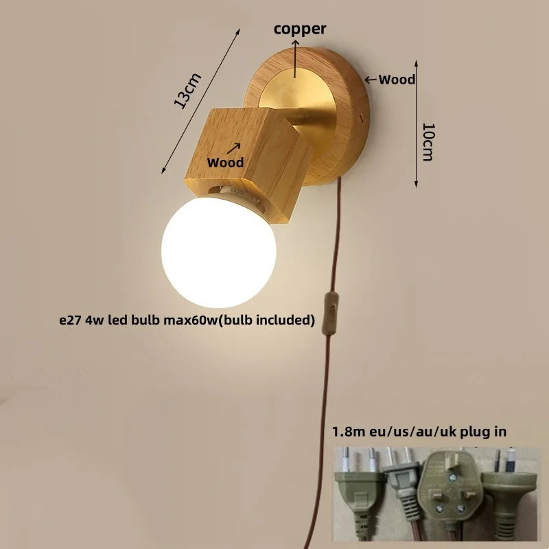 Afralia™ Modern Copper Wood LED Wall Lights with Pull Chain Switch for Bedroom Vanity.