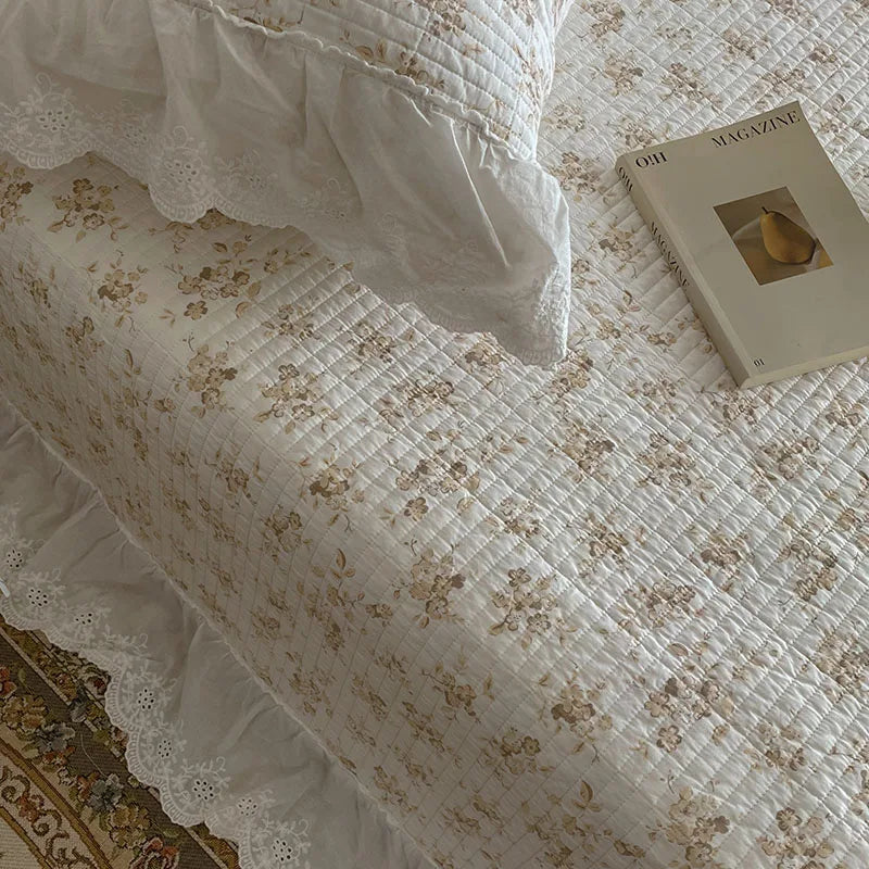 Afralia™ Floral Lace Ruffles Cotton Bedspread Set with Quilted Design & Pillowcases
