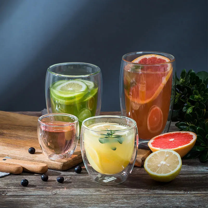 Afralia™ Double Wall Borosilicate Glass Mug Set for Tea Coffee Juice Bar Drinkware