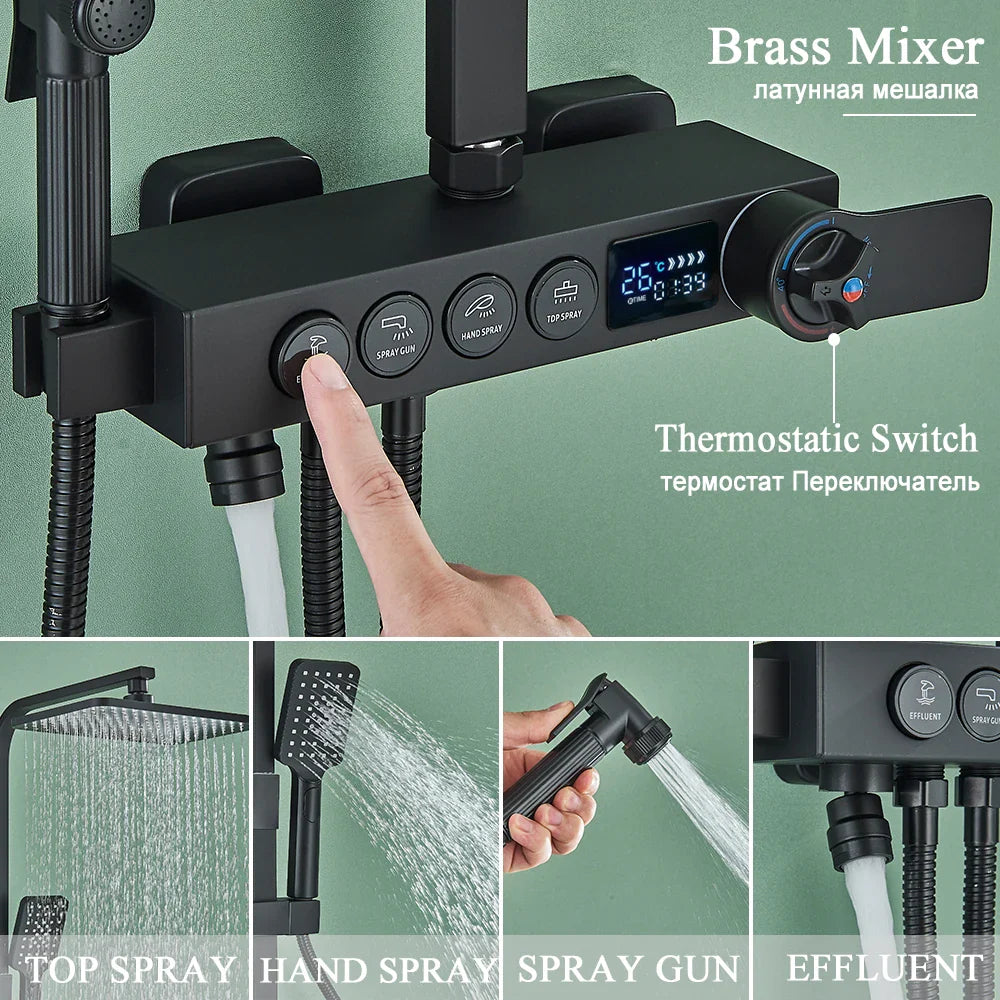 Afralia™ Thermostatic LCD Shower Faucet Set with 4 Way Rainfall System and Bidet Shelf