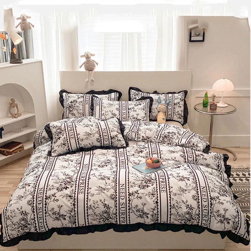 Afralia™ Princess Style Ruffles Duvet Cover Set with Flower Print and Pillow Case