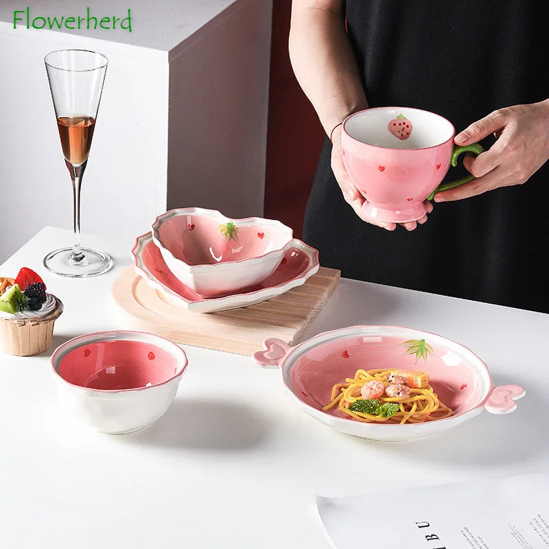 Afralia™ Strawberry Love Ceramic Tableware Set: Hand-Painted Pink Rice Soup Bowl & Plate