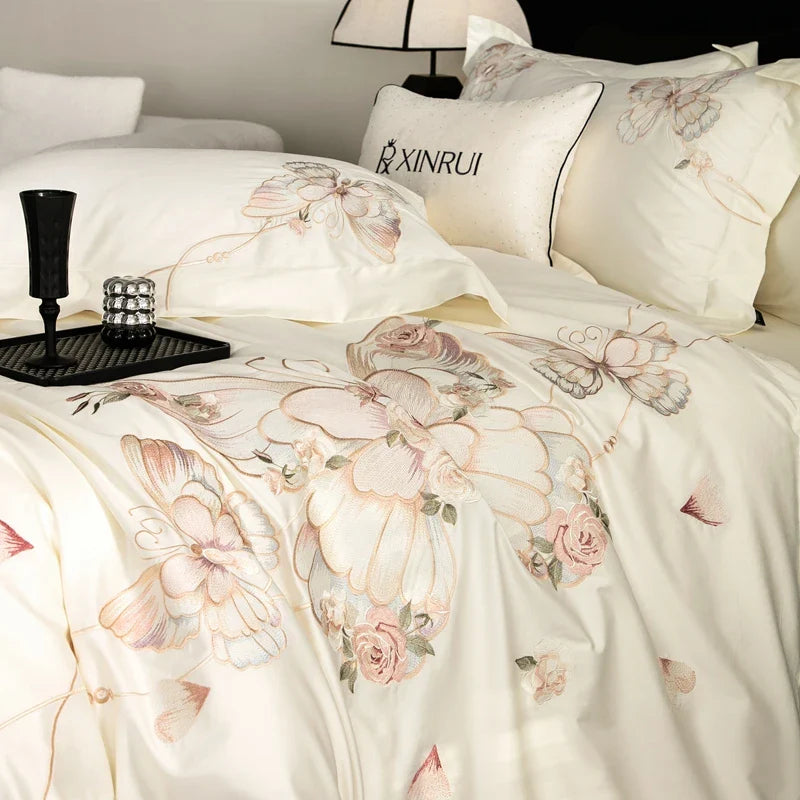 Afralia™ Luxe Butterfly Flowers Embroidery Bedding Set 800TC Egyptian Cotton Duvet Covers Sheets Pillowcases
