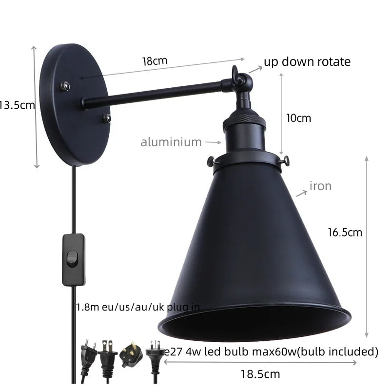Afralia™ Vintage LED Wall Lights Pull Chain Lens Stair Aisle Bedside Lamp Iron Lightings