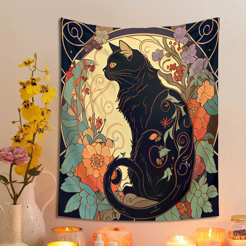 Afralia™ Black Cat Tapestry Wall Hanging - Psychedelic Floral Art for Cat Lovers