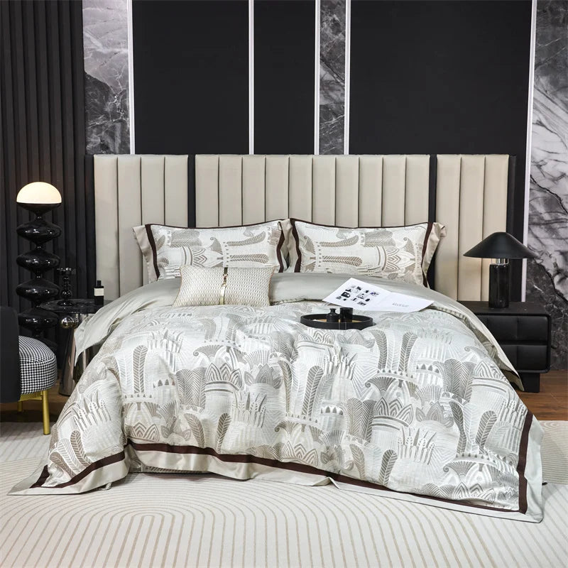 Afralia™ Luxury Jacquard Yellow Champagne Bedding Set with Satin Finish - 4-Piece