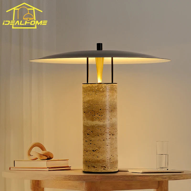 Afralia™ Yellow Travertine Table Lamp LED Marble Base Postmodern Mushroom Desk Light