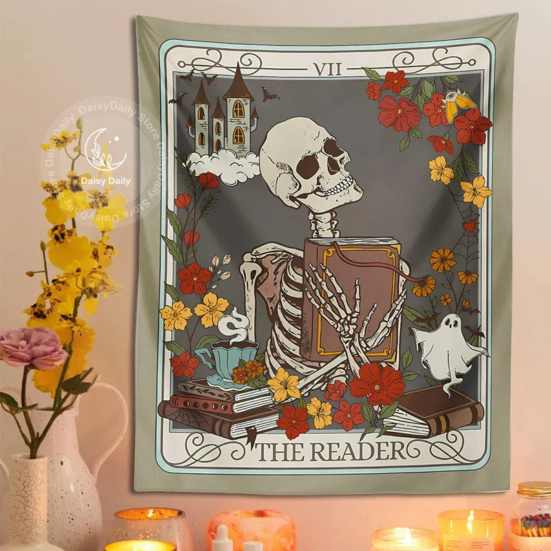 Afralia™ Reader Tarot Card Tapestry: Mystical Skeleton Wall Hanging for Home Decor