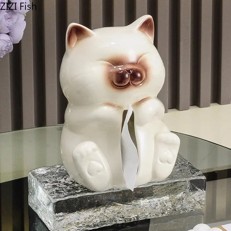 Afralia™ Cartoon Siamese Kitten Ceramic Tissue Box for Coffee Table and Desk