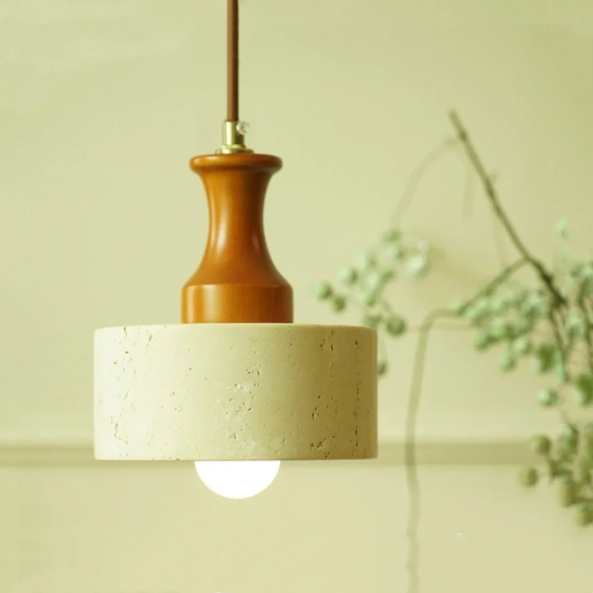 Afralia™ Wabi Sabi LED Pendant Lights Brown Wood Stone Yellow Travertine Hang Lamp