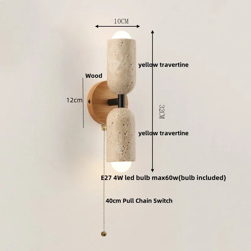 Afralia™ LED Wall Light Fixture Travertine Stone Wood Canopy Bedside Lamp