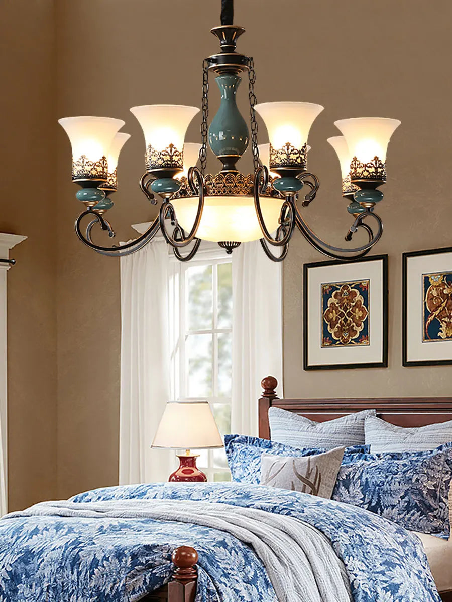 Afralia™ Retro Ceramic Chandelier with Glass Lampshade for Living Room, Bedroom, Dining Room