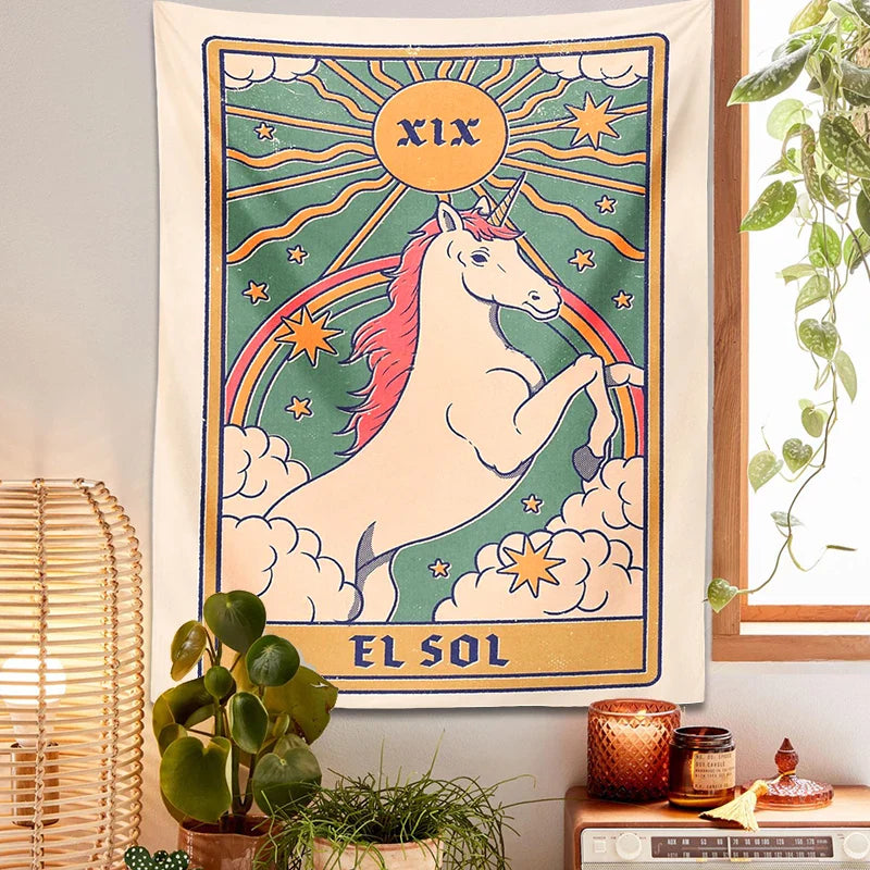 Unicorn Tarot Tapestry by Afralia™: Rainbow Bohemian Wall Decor for Home and Dorm Room