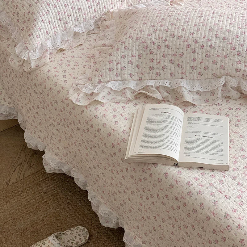 Afralia™ Korean Princess Floral Lace Ruffles Bedspread Set with 100% Cotton Quilting