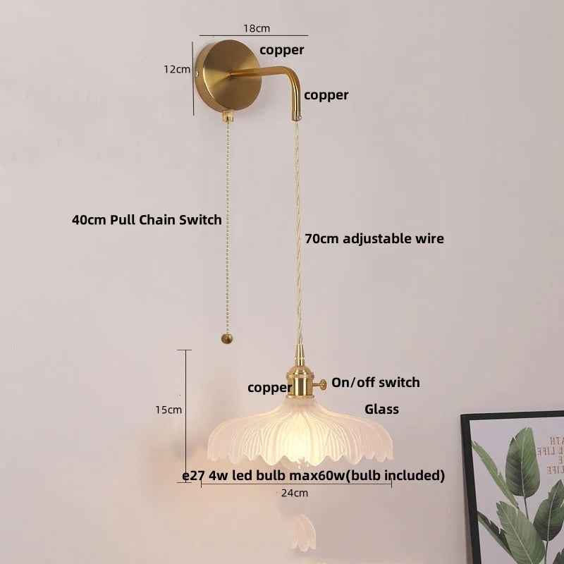 Afralia™ Copper LED Glass Wall Sconce with Pull Chain Switch for Living Dining Room