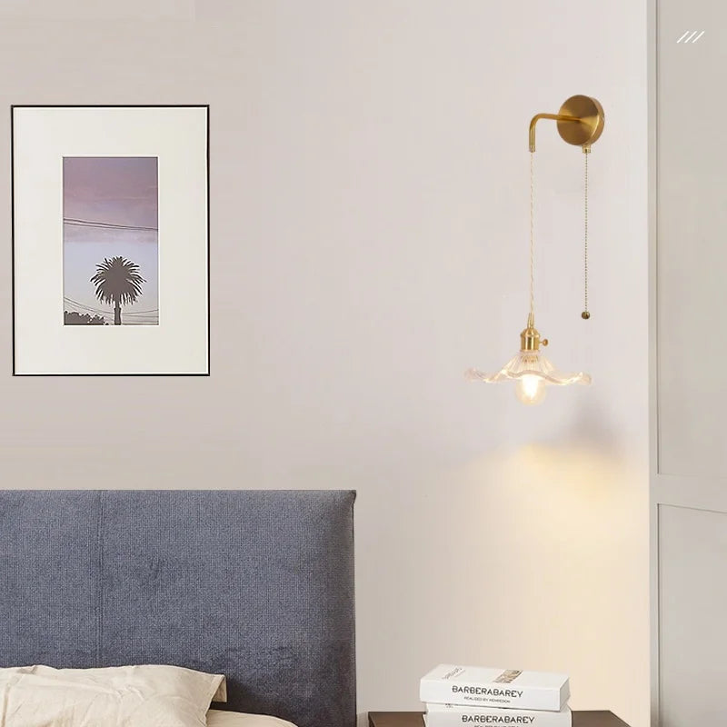 Afralia™ Copper LED Glass Wall Sconce with Pull Chain Switch for Living Dining Room