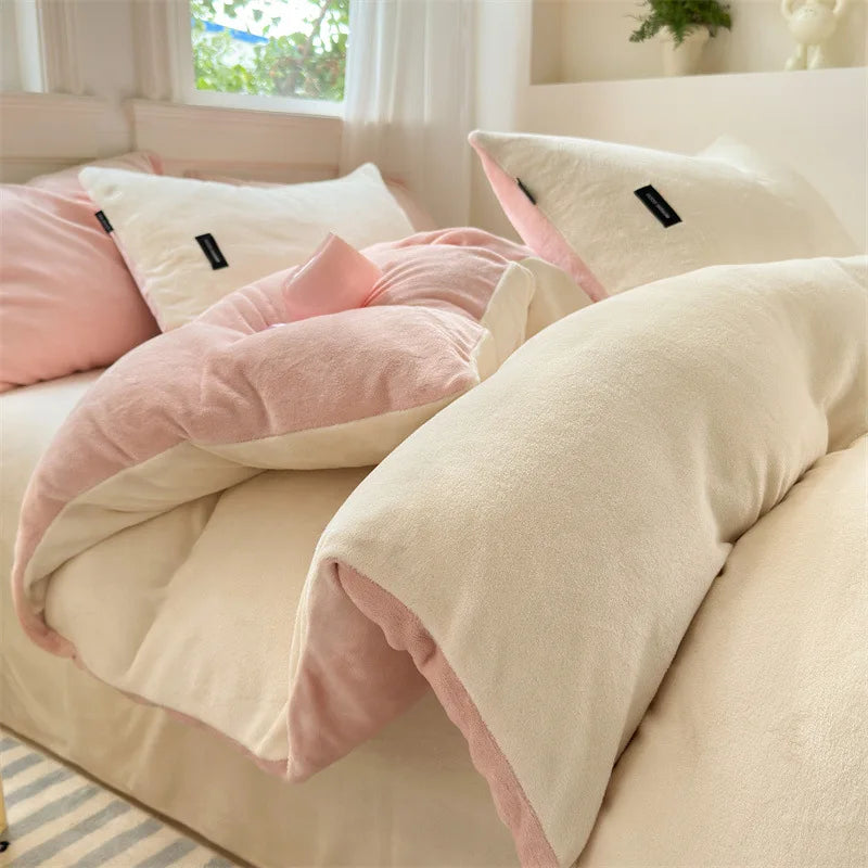 Afralia™ Coral Color Blocked Velvet Single Duvet Cover for Winter