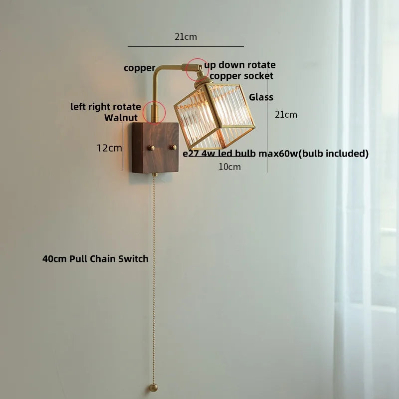 Afralia™ Walnut LED Wall Lights Pull Chain Switch Bedside Lamp Vintage Cube Glass Stair Light