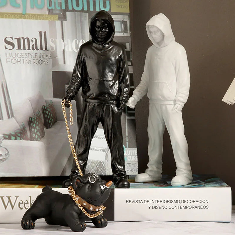 Afralia™ Modern Pop Art Banksy Statue Man Dog Sculpture Home Office Decor