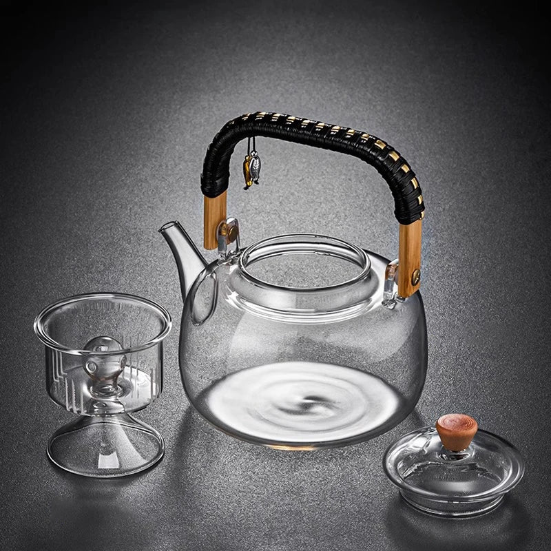 Afralia™ Glass Tea Pot With Weave Handle Heat-resistant Glass Teapot Transparent Steaming Tea Kettle