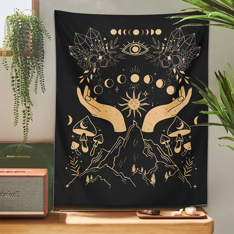 Moon Phase Magic Mushrooms Tapestry Wall Hanging by Afralia™ - Hippie Witchcraft Home Decor