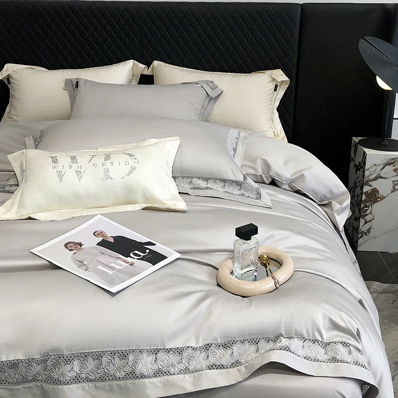 Afralia™ Luxury Lace Embroidery 1000TC Egyptian Cotton Bedding Set with Duvet Cover, Sheets, Pillowcases