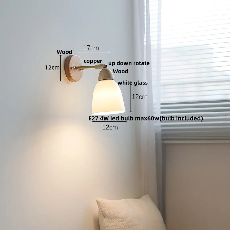 Afralia™ Copper Rotate White Glass Wood Wall Lights LED Bedroom Bedside Lamp
