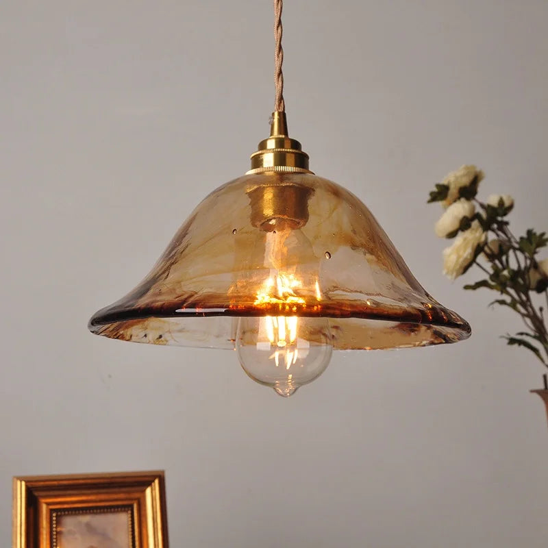 Afralia™ Amber Glass LED Pendant Light Fixture, Vintage E27 Copper Hanging Lamp