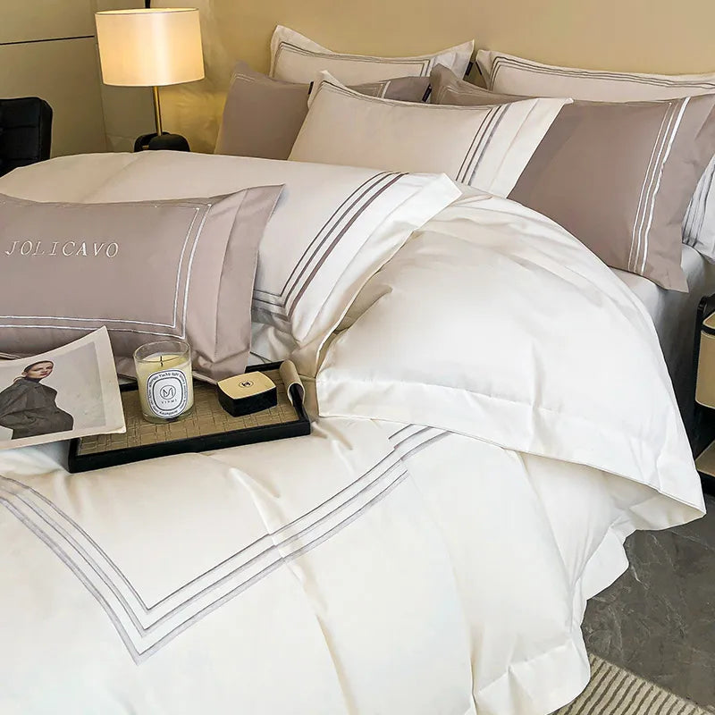 Afralia™ Monochrome Luxury Embroidery Cotton Bedding Set: Duvet Cover, Quilt, Sheets, Pillowcase