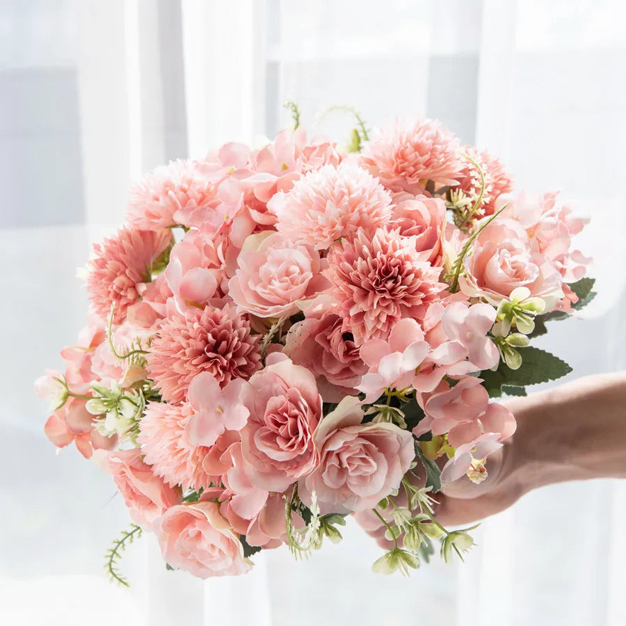 Afralia™ Pink Silk Roses Bouquet Home Decoration Christmas Wreath Hydrangea Artificial Flowers