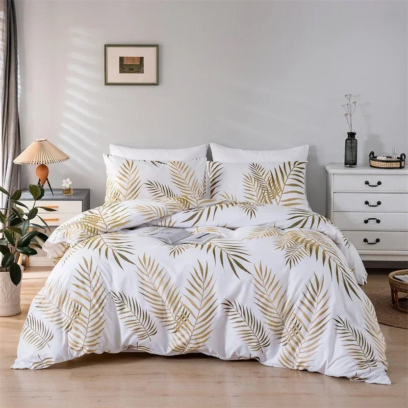Afralia™ Gold Print Queen Duvet Set with 2 Pillowcases - Soft & Stylish Bedding Solution