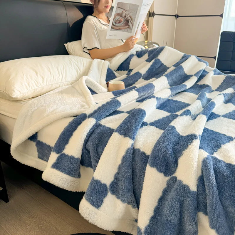 Afralia™ Velvet Checkerboard Blanket - Double Layered Thick Coral Fleece Sofa Cover