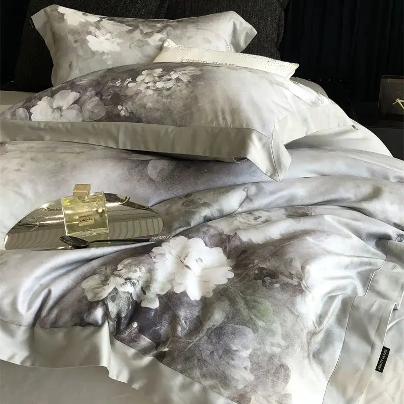 Afralia™ Flowers Pattern Brushed Bedding Set: Duvet Cover, Bed Sheet, Fitted Sheet, Pillowcase 4Pcs