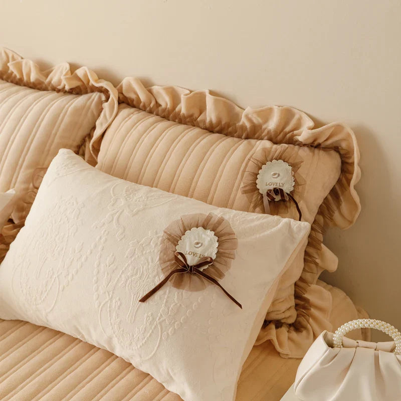 Afralia™ Velvet Lace Ruffles Quilted Bedding Set with Pillowcases
