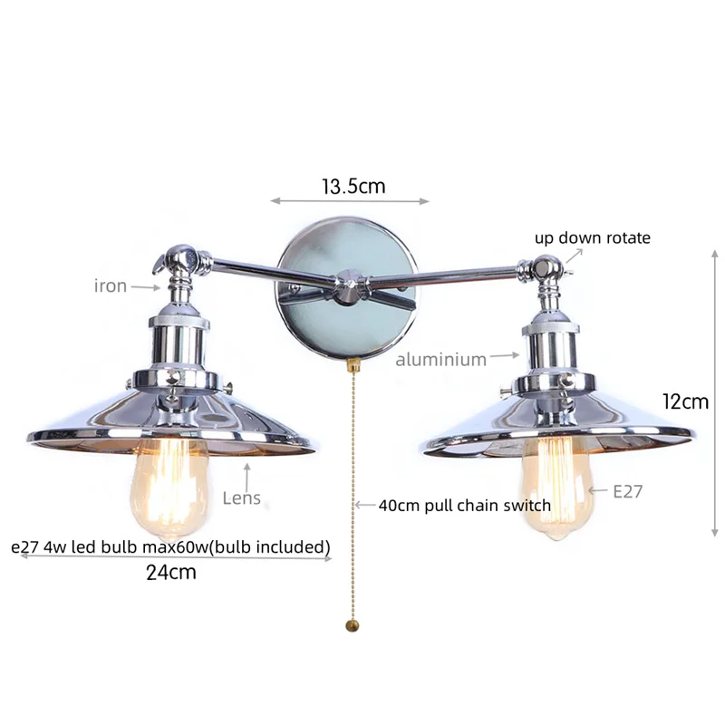 Afralia™ Vintage Gold Industrial Wall Lights with Pull Chain Switch and 2 Heads