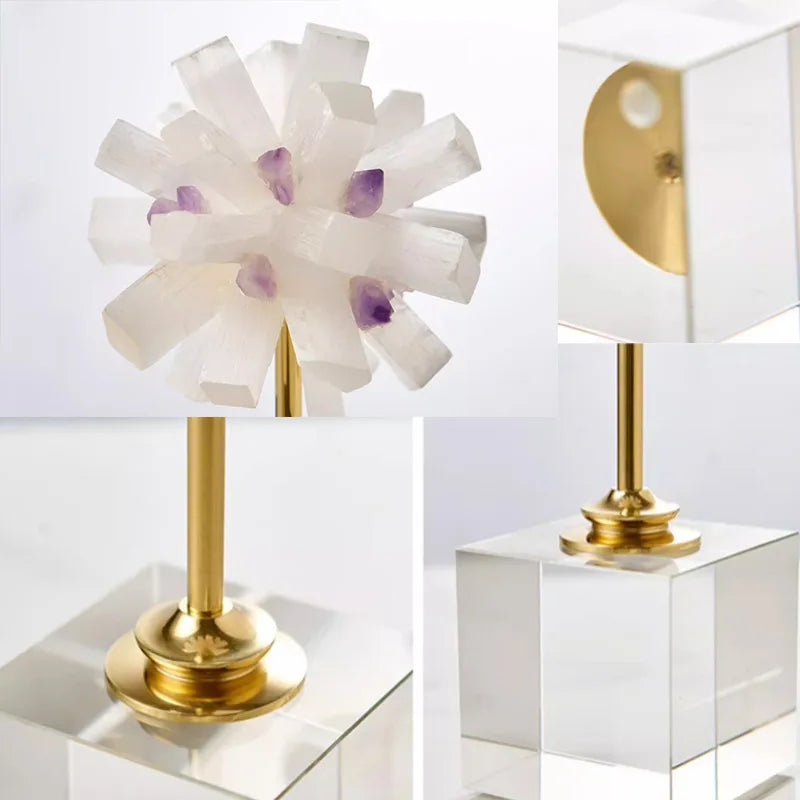 Afralia™ Crystal Flower Glass Craft Hyalinite Sculpture Metal Decorative Figurine