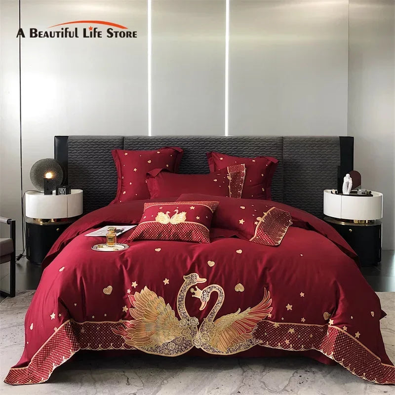 Afralia™ Gold Swan Love Wedding Bedding Set, Egyptian Cotton, 1000TC, 4 or 6Pcs
