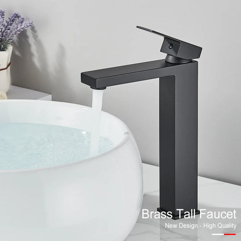 Afralia™ Black Brass Square Basin Faucet: Bathroom Washbasin Mixer Tap, Single Handle Tall Model.