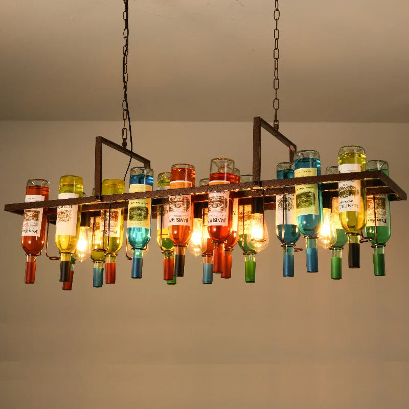 Afralia™ Rust Metal Wine Bottle LED Chandelier Pendant Lights Bar Restaurant Cafe Industrial